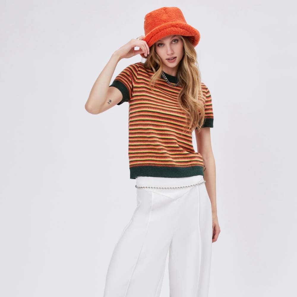 Stripe Knitted Short Sleeve Top - Cider - XL - Green, Orange, Yellow